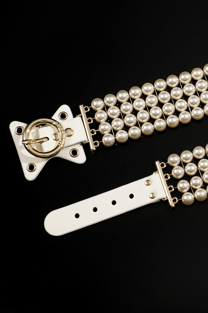 ETHREAL RADIANCE: PEARL HANDCUFFS WITH LEATHER AND GOLD HARDWARE