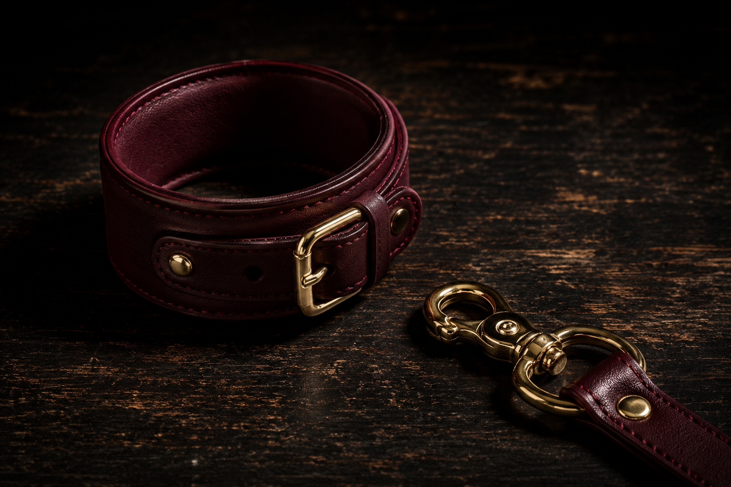 Luxury leather bondage cuffs with electroplated hardware on a dark surface — Vamprire