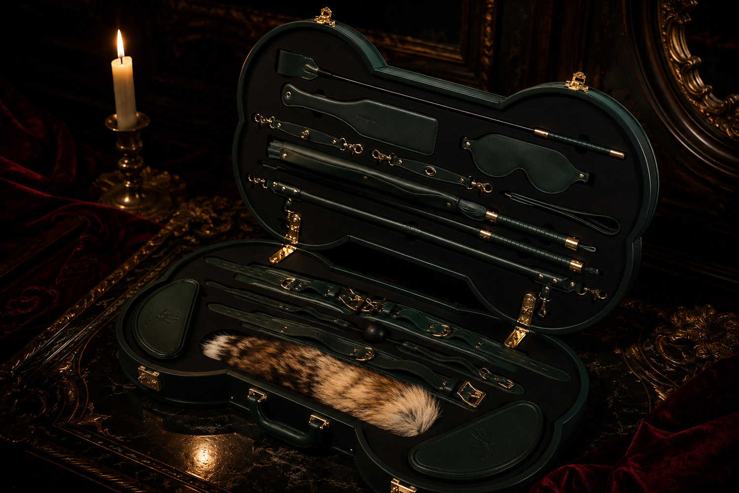 Luxury leather bondage gift set in an open trunk case with candlelight — Vamprire