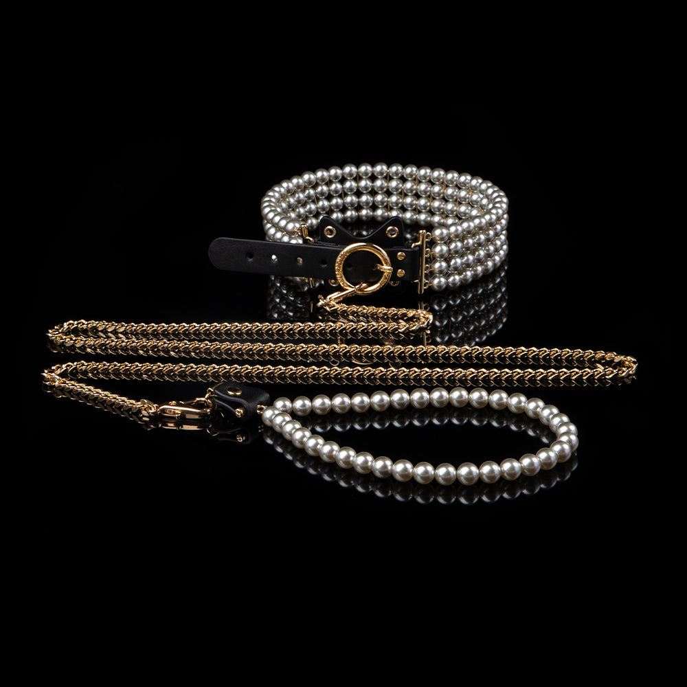 Ethereal Radiance Pearl Collar & Leash — pearl collar and leash — white leather with pearls