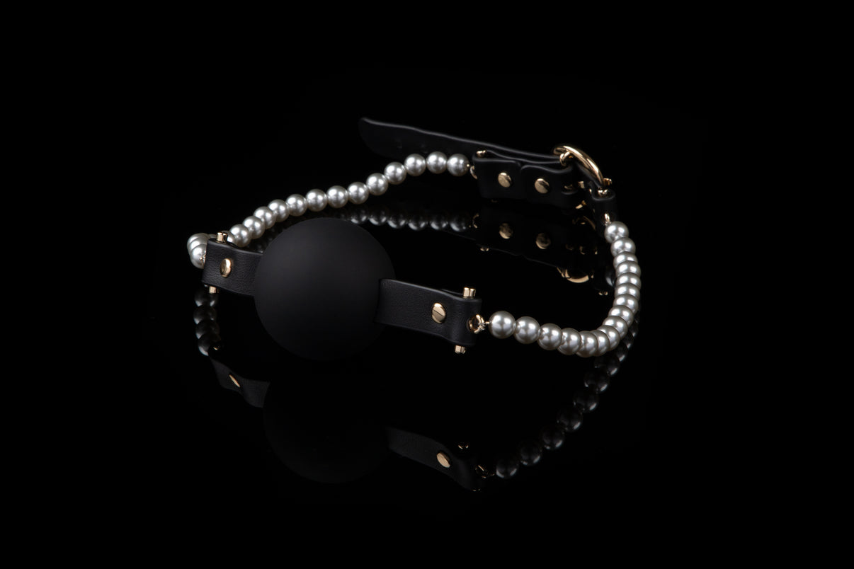 Ethereal Radiance Pearl Ball Gag — pearl ball gag — leather strap with pearl detail